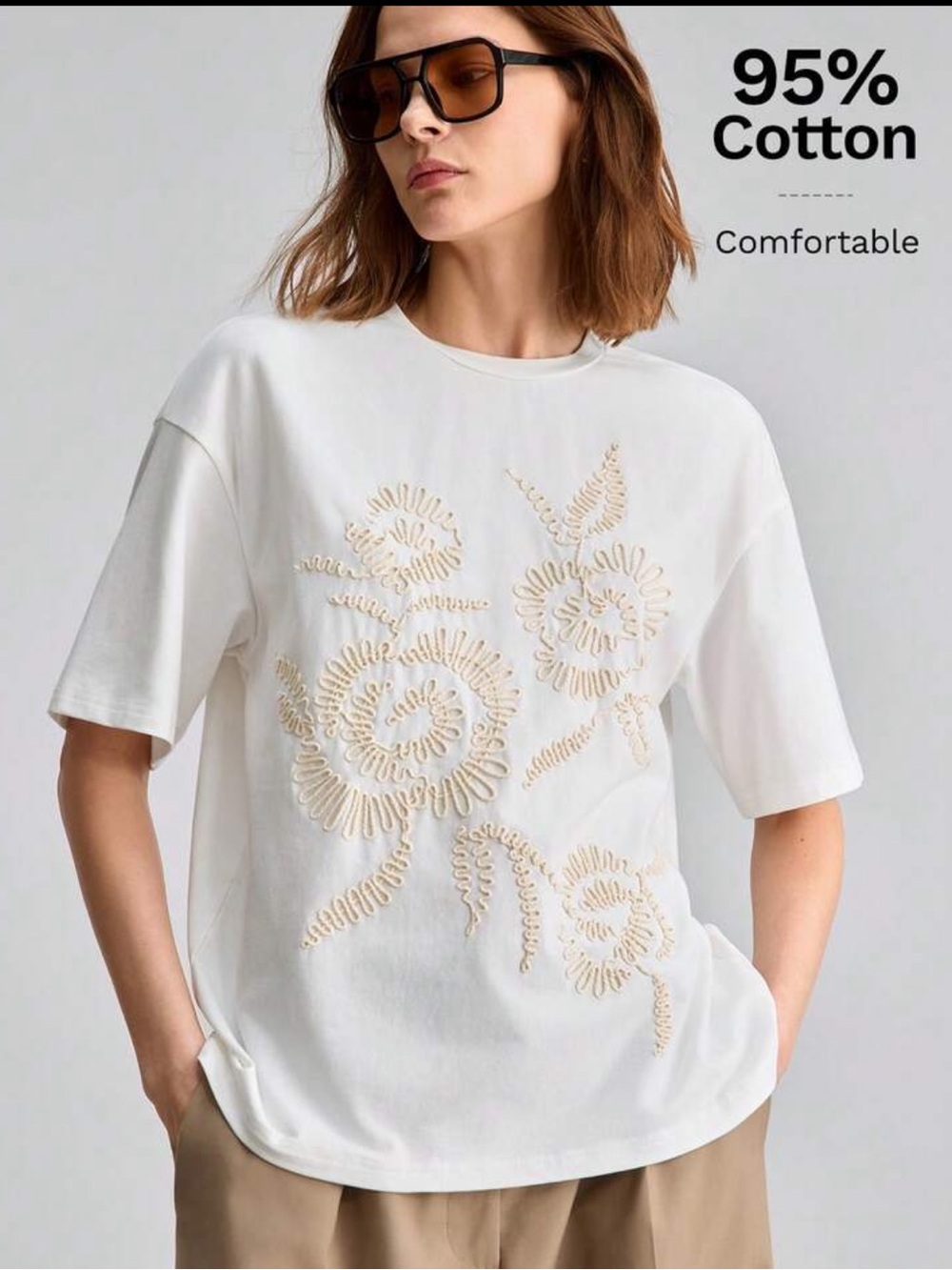 Oversized White Embroidered floral Cotton Tee